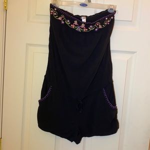 Black Embroidered Strapless Romper